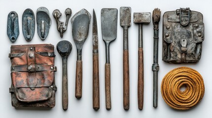 Vintage mining tools arranged on white background, rope; industrial history