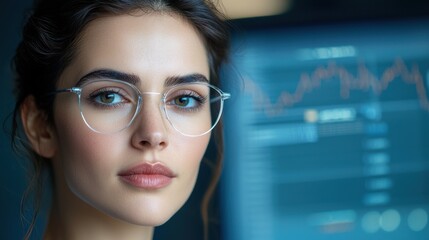 Futuristic image of a woman intently analyzing complex financial data and charts displayed on a high tech digital interface showcasing her intelligence focus