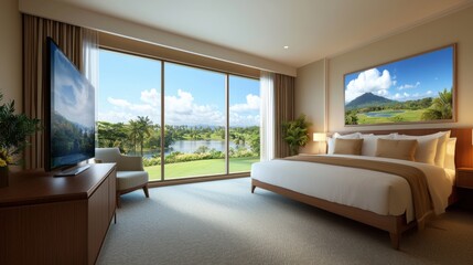 Luxurious and serene modern bedroom interior design with large windows showcasing a breathtaking panoramic view of a mountain and lake landscape  The room features a cozy bed elegant furniture
