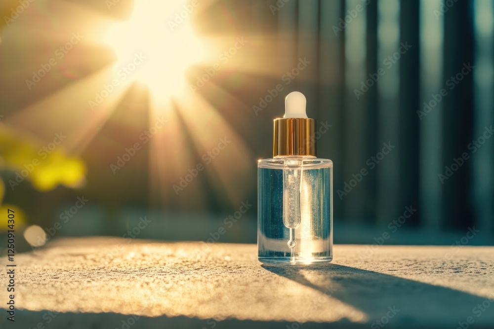 Poster A perfume bottle sits on a table, perfect for displaying or using as a decorative item