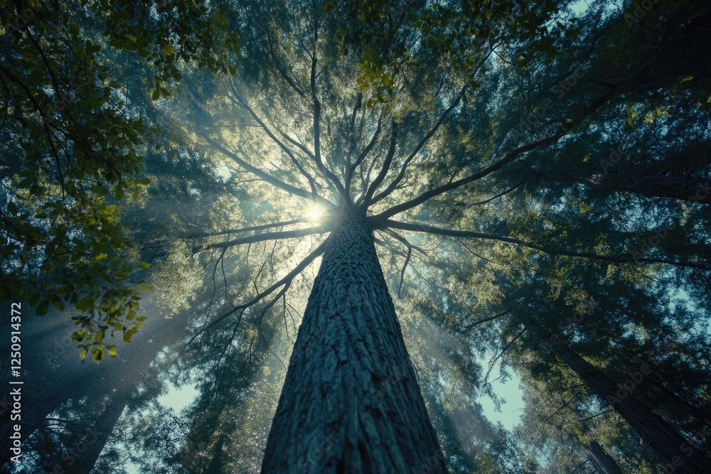 Poster a single tall tree stands out in the middle of a dense forest