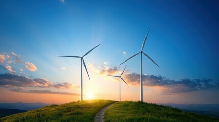 Fototapeta premium Picturesque wind turbines glowing at sunset on a serene hilltop Renewable energy and sustainable power in an idyllic natural landscape