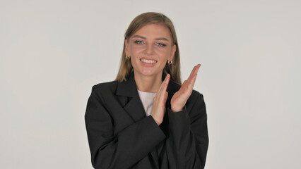 Portrait of Businesswoman Clapping for Team on White Background