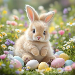 A cute fluffy bunny sitting near a pile of pastel-painted Easter eggs, nestled among wildflowers and green grass, symbolizing the joy and renewal of the Easter season. The scene feels cozy and playful