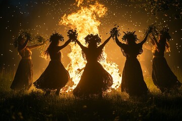 People gather and dance around a large bonfire celebrating Beltane during twilight