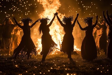 People gather and dance around a large bonfire celebrating Beltane during twilight