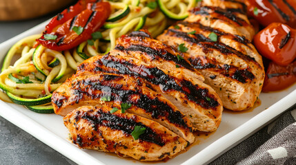Healthy food flat lay. Grilled chicken breast with zucchini noodles and roasted tomatoes on plate