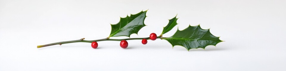 A simple branch of holly with bright red berries against a clean white background