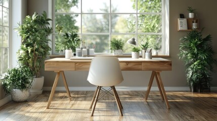 Sunlit Home Office Workspace With Plants And Wooden Desk