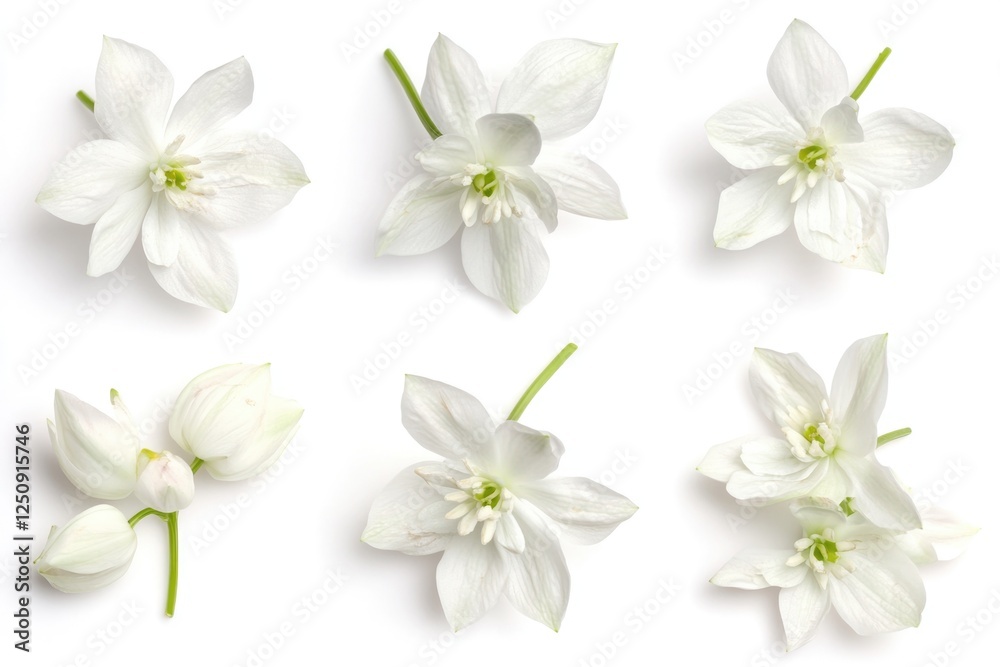 Poster A close-up shot of a group of white flowers sitting on a white surface, great for use in designs and compositions that require a touch of elegance and simplicity