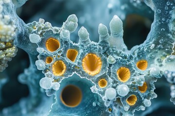 Microscopic view of a mold colony with teal and yellow structures, exhibiting intricate details and textures.
