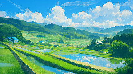 Obraz premium 日本の棚田風景｜青空と緑の絶景、山間の田園風景