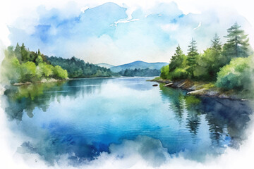 Serene lake view, tranquil water reflections, lush green trees, soft watercolor style, peaceful nature scene.