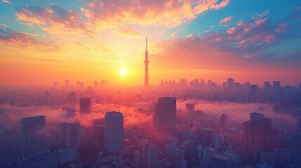 Fototapeta premium Sunrise over Tokyo City skyline, morning mist, aerial view, beautiful landscape