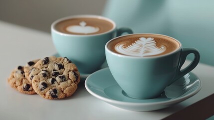 Two cups of coffee and a cookie on a table, perfect setting for a break or a meeting