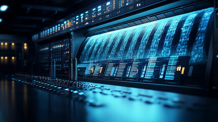 A high-tech AI model generating complex data visualizations, glowing holograms of analytical charts and futuristic technology blending in a digital dreamscape,