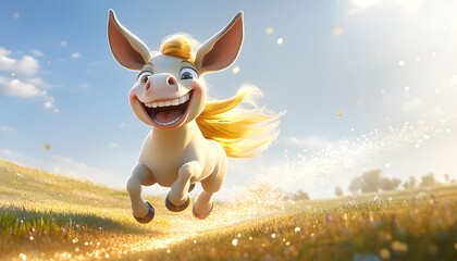 Happy Donkey Gallops Across Sunny Field