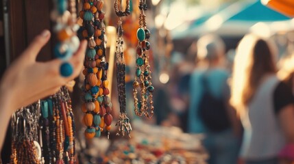 Colorful jewelry stalls in market.
