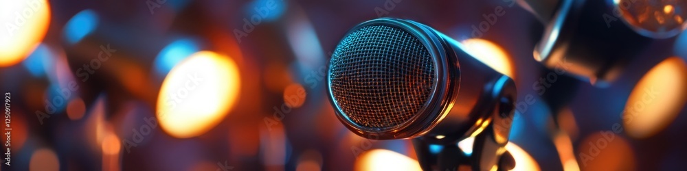 Aufkleber a close-up shot of a microphone with colorful lights in the background