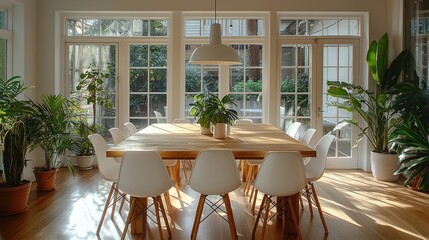 Fototapeta premium Sunlit Dining Room With Wooden Table And White Chairs