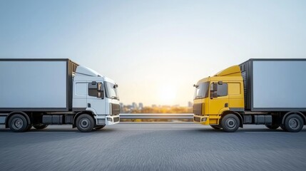 Fototapeta premium Minimalist View of Two Cargo Trucks in Urban Sunset with Clear Sky
