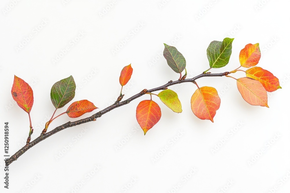 Poster a branch with red and green leaves on a white background