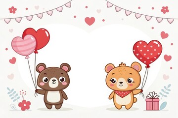 A cuddly teddy bear clutches a heart, surrounded by more hearts