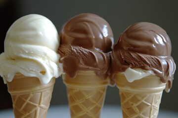 Three colorful ice cream cones with chocolate and white toppings, perfect for a sweet treat or dessert display