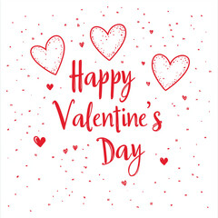 A clean white background with simple heart outlines and a modern, elegant Happy Valentine's Day typography in bold red.  