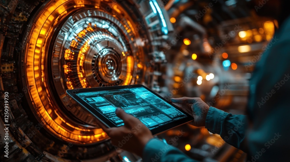 Aufkleber technician inspecting futuristic reactor core data on tablet