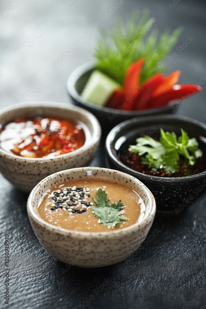 Poster three bowls of soup with various vegetables served on a table