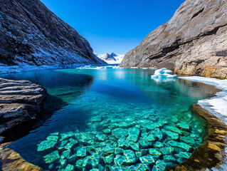 Obraz premium Glacier lagoon under blue sky. Crystal clear lagoon surrounded by glacial ice reflects mountains