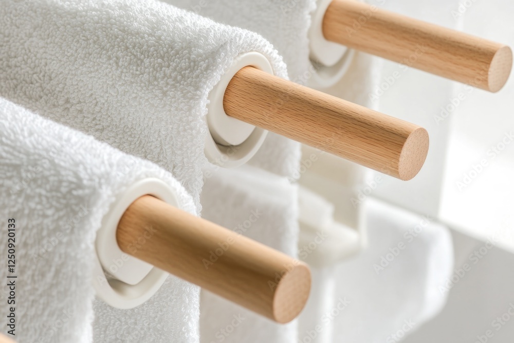 Poster A close-up view of a towel rack with wooden handles, suitable for use in interior design or architecture context