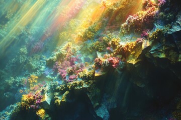 Fototapeta premium Vibrant underwater scene with colorful coral reefs illuminated by sunbeams, creating a magical, ethereal atmosphere.
