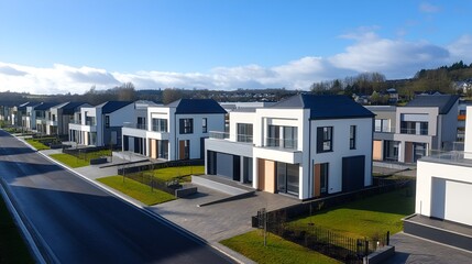 Aerial view of modern houses in a new housing development, showcasing clean lines and contemporary designs under a bright blue sky
