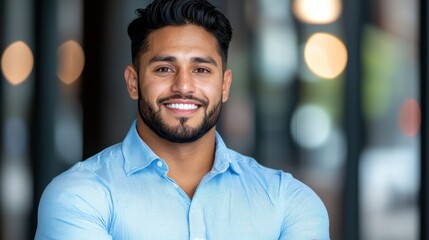 Obraz premium Portrait of a business focused individual with a friendly and confident smile showcasing a positive and professional demeanor in a corporate or office setting