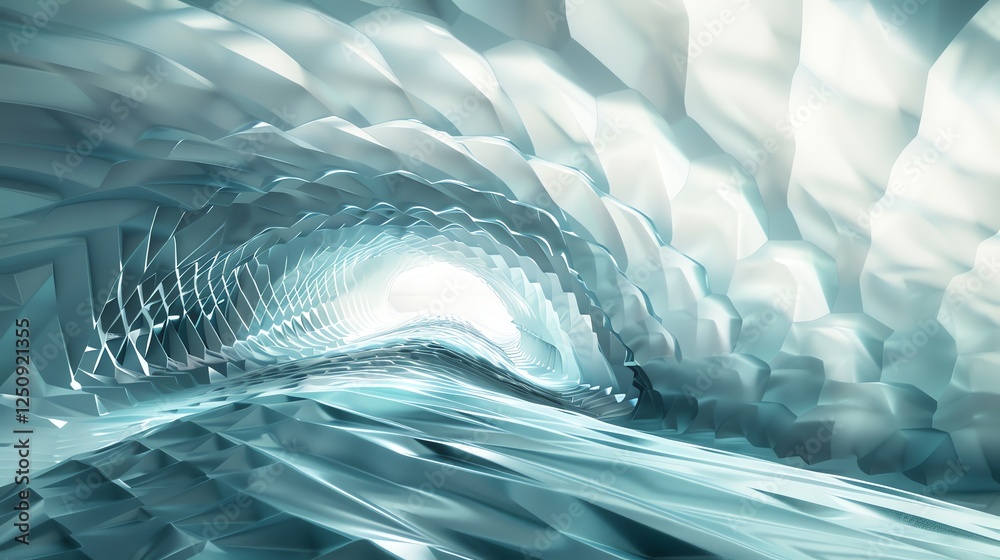 Poster abstract 3d rendering of a futuristic tunnel with a glowing light at the end.