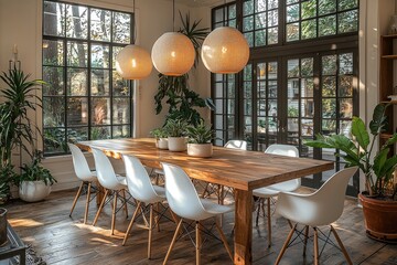Modern Dining Room With Wooden Table And White Chairs