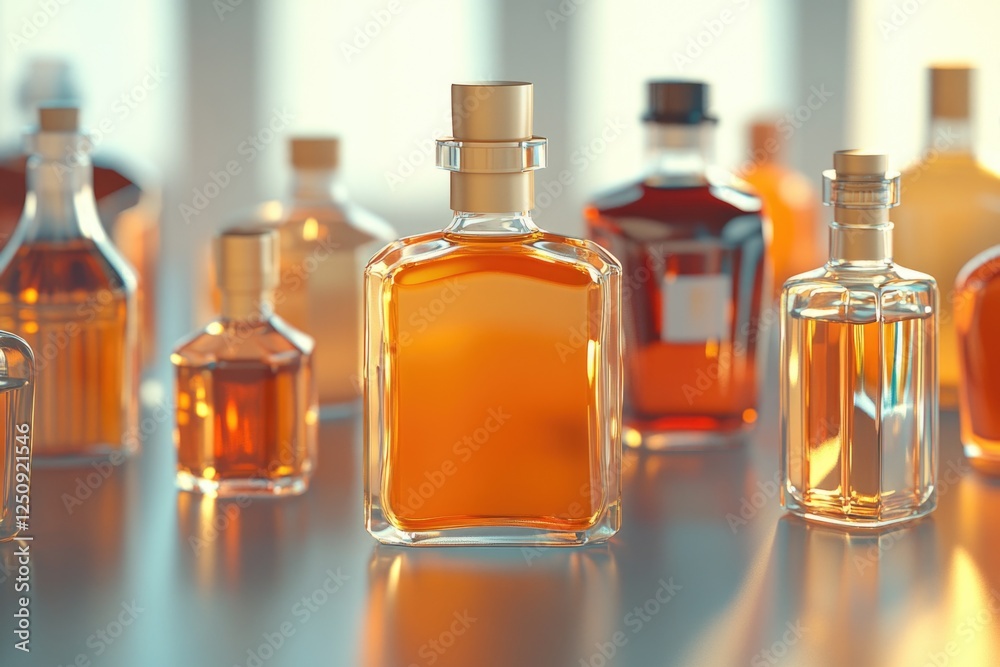 Poster group of bottles of liquor sitting on a table, various types and sizes