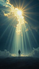 Fototapeta premium Dramatic scene of a lone figure beneath a glowing sunray surrounded by ethereal clouds