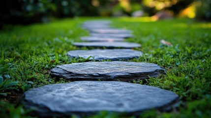A pathway made of square stone slabs,