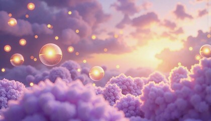 Glowing golden orbs in a misty lavender sky creating a serene fantasy atmosphere