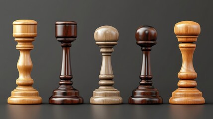 Five wooden chess pieces in a row on dark background.