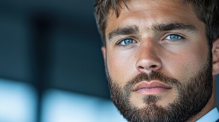 Obraz premium Portrait of a thoughtful and confident young professional man in a sleek minimalist corporate studio setting The man has a beard brown hair and striking blue eyes