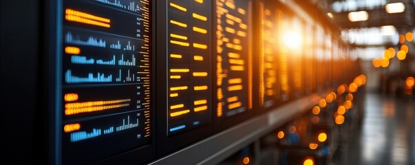 Naklejka premium Futuristic energy production graphs data analytics and information visualization displayed on a high tech digital dashboard or control panel interface Showcasing advanced technology innovation