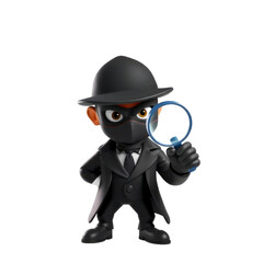 Cartoon Detective Character with Blue Magnifying Glass - Black Suit and Bowler Hat isolated on transparent background PNG