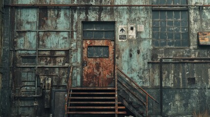 Rusty factory door, metal stairs, weathered wall, urban decay, industrial background