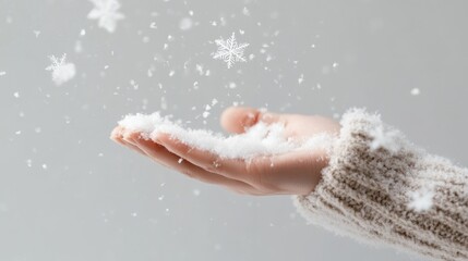 Fototapeta premium Person holding a snowflake in delicate hand during winter snowfall against blurred background