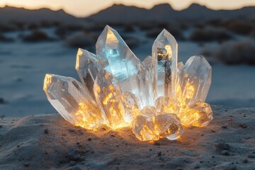 Obraz premium Luminous quartz crystals glow warmly in the desert at sunset, a mesmerizing sight.
