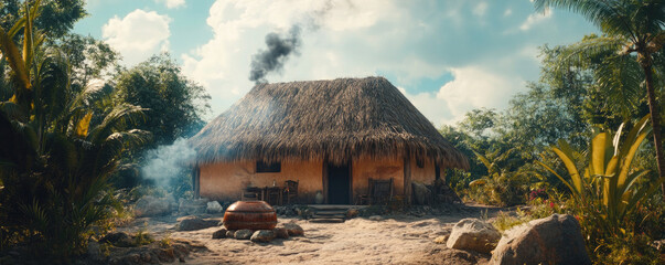 Tropical island scene, thatched hut, palm trees, sandy beach, blue sky, fluffy clouds, lush vegetation, rustic dwelling, paradise setting, sunlit landscape, exotic getaway, peaceful retreat, coastal